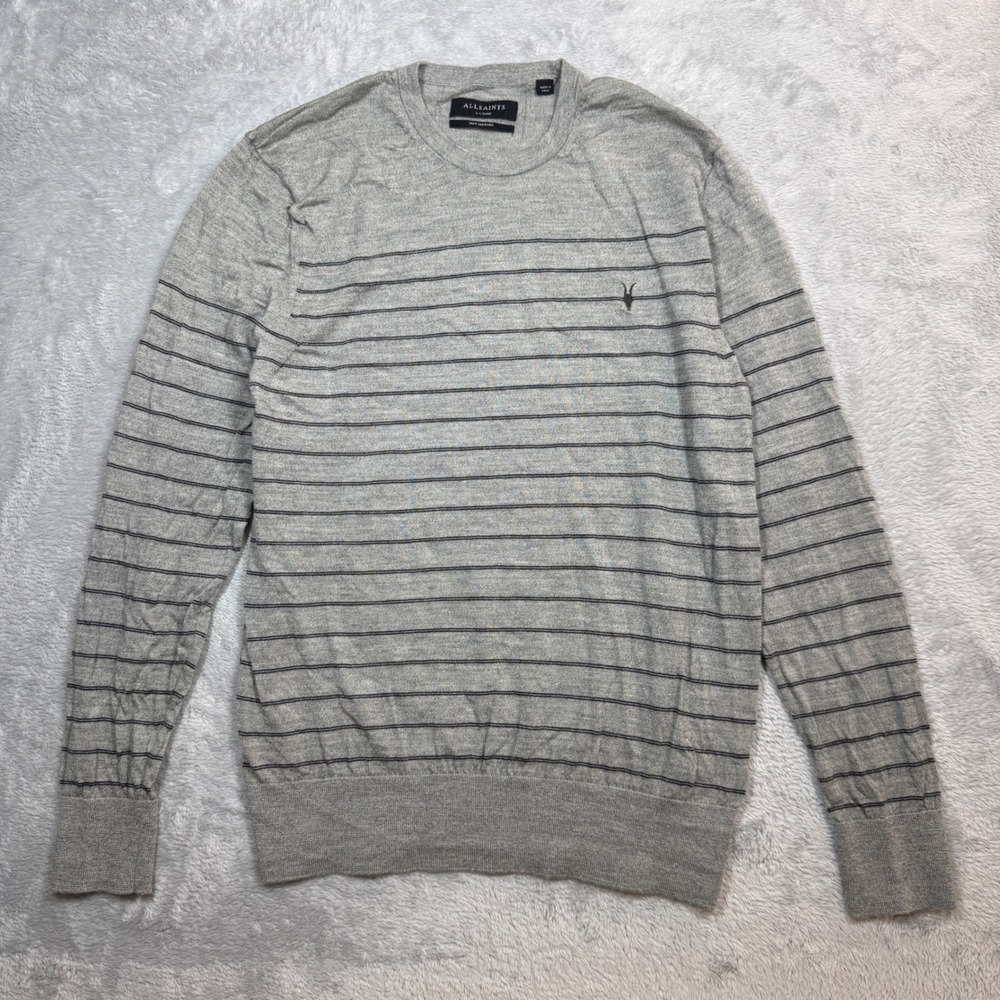 AllSaints Mode Merino Stripe Crew Mens XL Gray Striped Wool Sweater